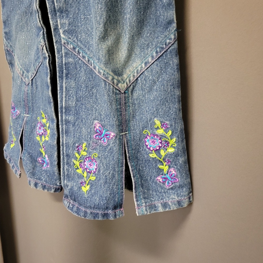 Vintage 90s y2k Girls Denim Overalls Blue Butterfly Floral Embroidered Sparkle 5 - Picture 6 of 8